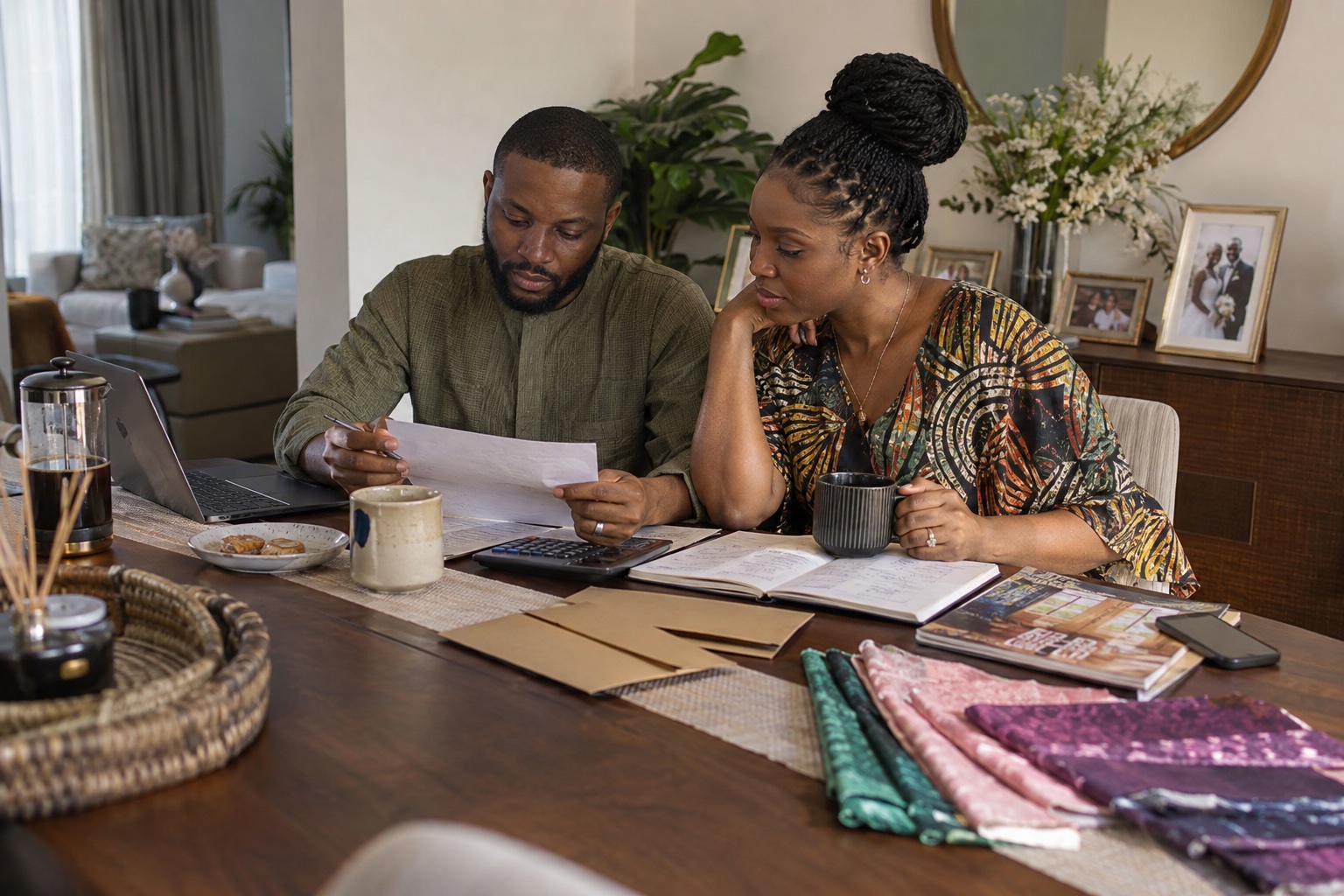 Illustrative scene of a Nigerian couple reviewing wedding plans together