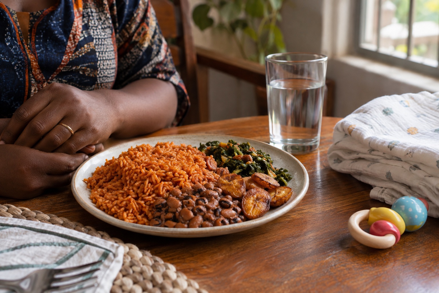 Illustrative moment of a nourishing meal and postpartum self-care