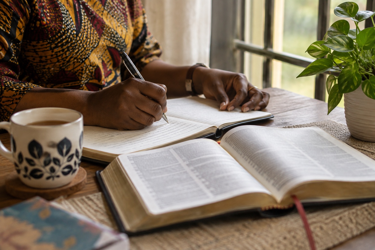 Illustrative devotional scene with a journal and open Bible