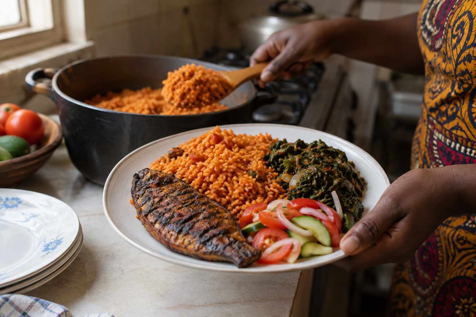 Illustrative Nigerian meal with jollof rice, fish and vegetables