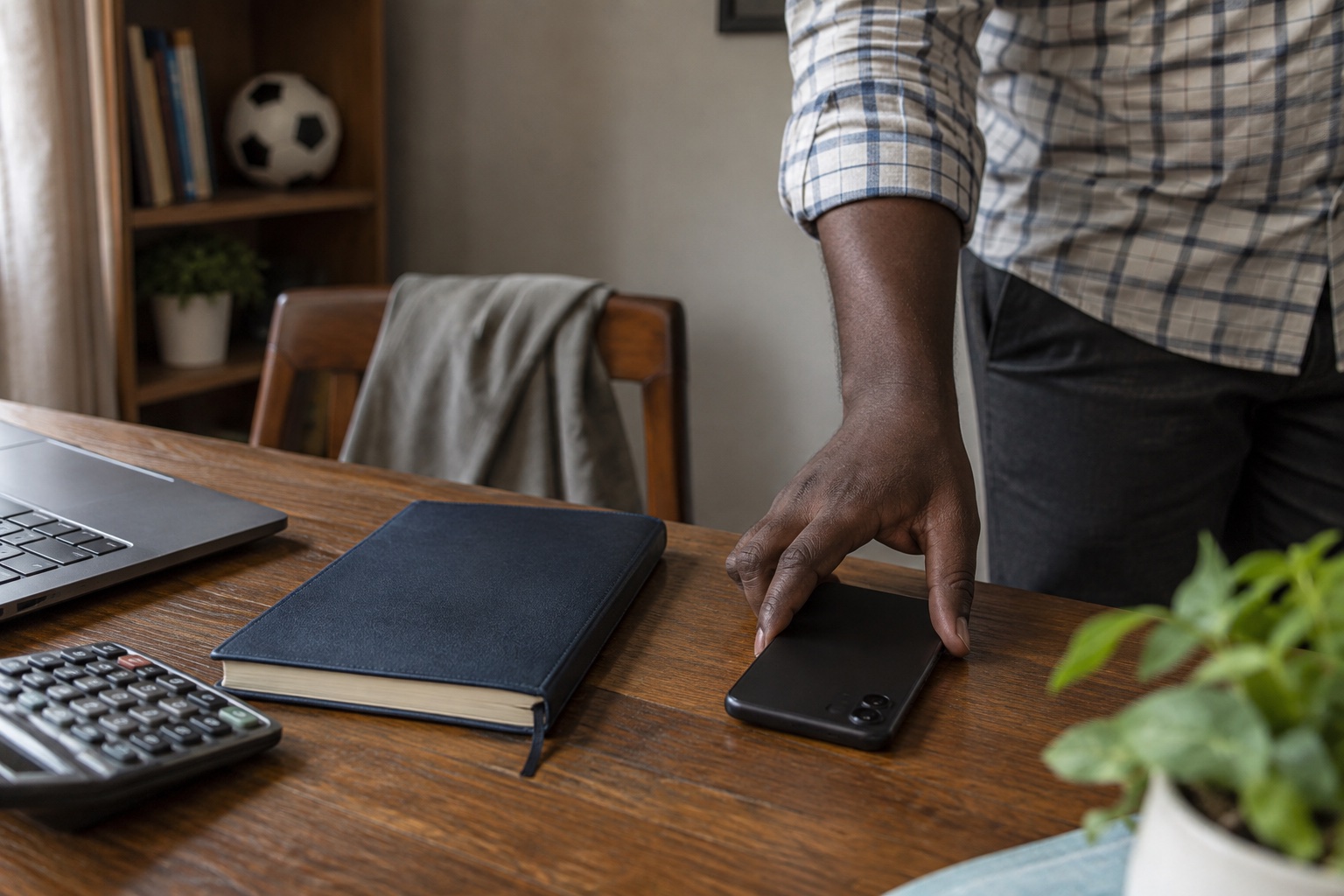 Illustrative scene of putting a phone away beside a notebook and calculator